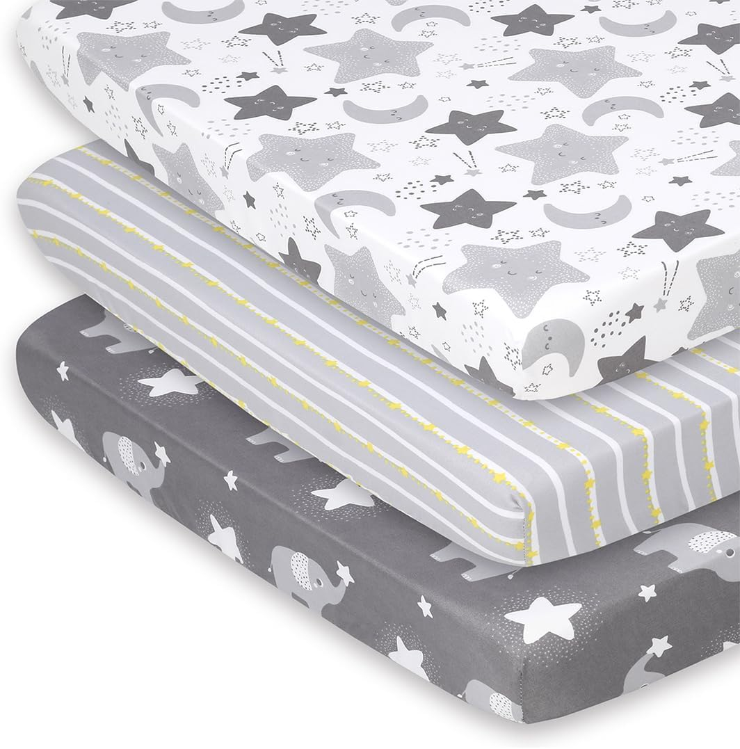 The Peanutshell Pack n Play, Mini Crib, Portable Crib or Fitted Playard Sheets for Baby Boy or Girl, Celestial Elephant, 3 Pack Set