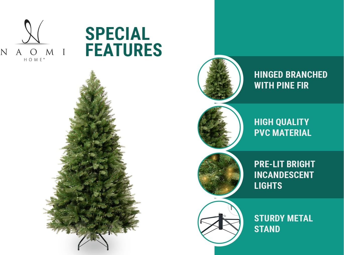Naomi Home Traditional Artificial Pine Fir Christmas Tree with Lights-Base:Included,Color:Green,Size:6.5 ft