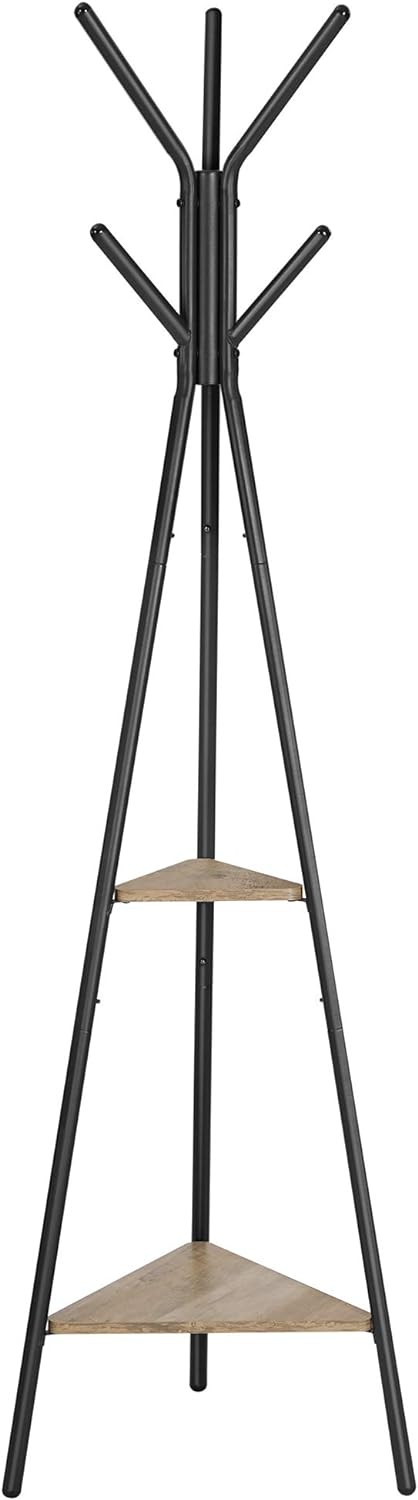 Coat Rack Freestanding Coat Hanger Stand Hall Tree with 2 Shelves for Clothes Hat Bag Industrial Style Greige and Black