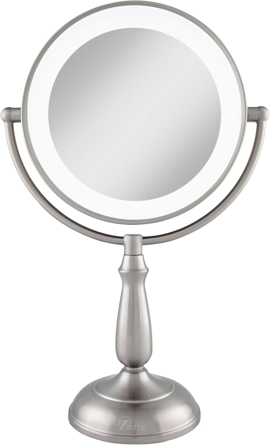 Satin Nickel Round LED Lighted Makeup Mirror with 5X/1X Magnification