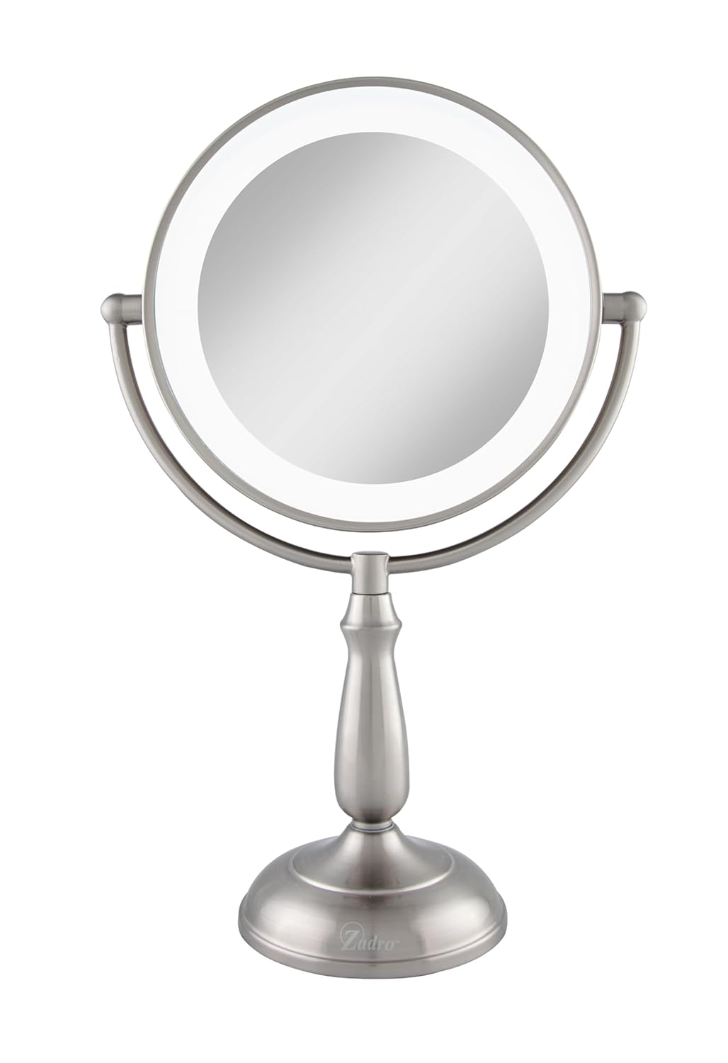 Satin Nickel Round LED Lighted Makeup Mirror with 5X/1X Magnification
