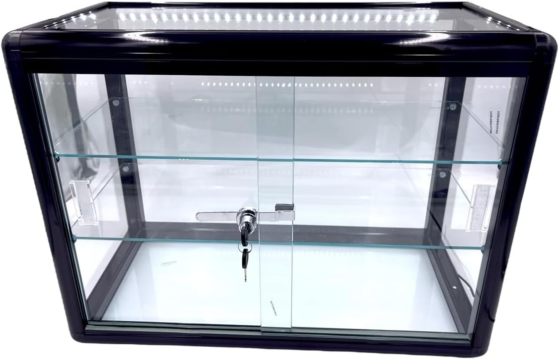 Only Garment Racks Elegant Black Aluminum Display Table Top Tempered Glass Show Case. Sliding Glass Doors with Lock