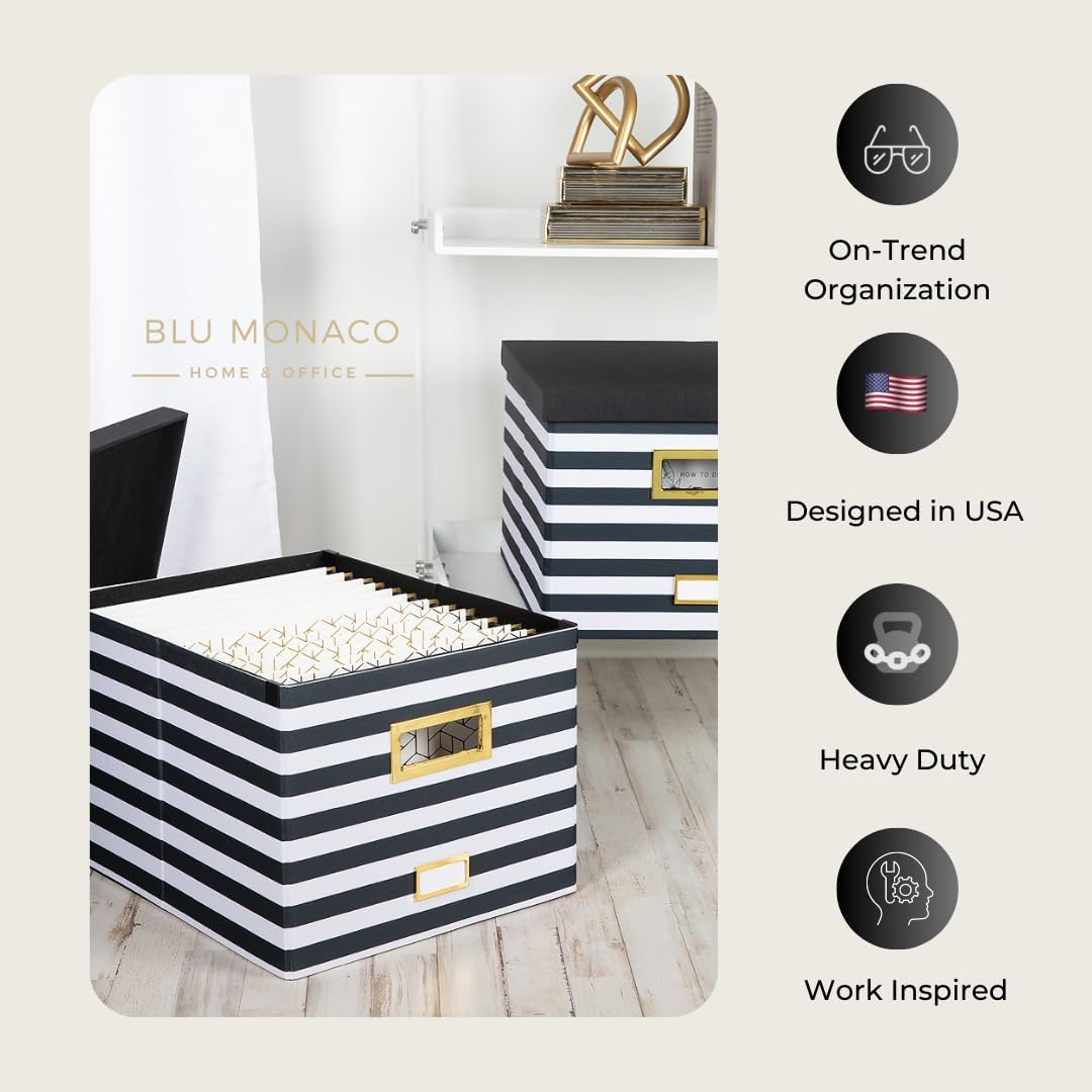 BLU MONACO Paper Organizer Storage, Portable File Box With Handle, Decorative Hanging File Box With Lid, Black and White Striped Legal-Letter Size File Folder Organizer