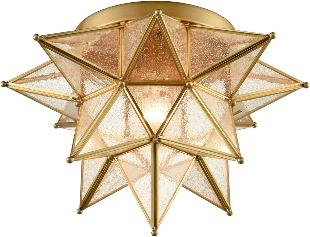 Modern Moroccan Seeded Glass Brass Moravian Star Flush Mount Ceiling Light