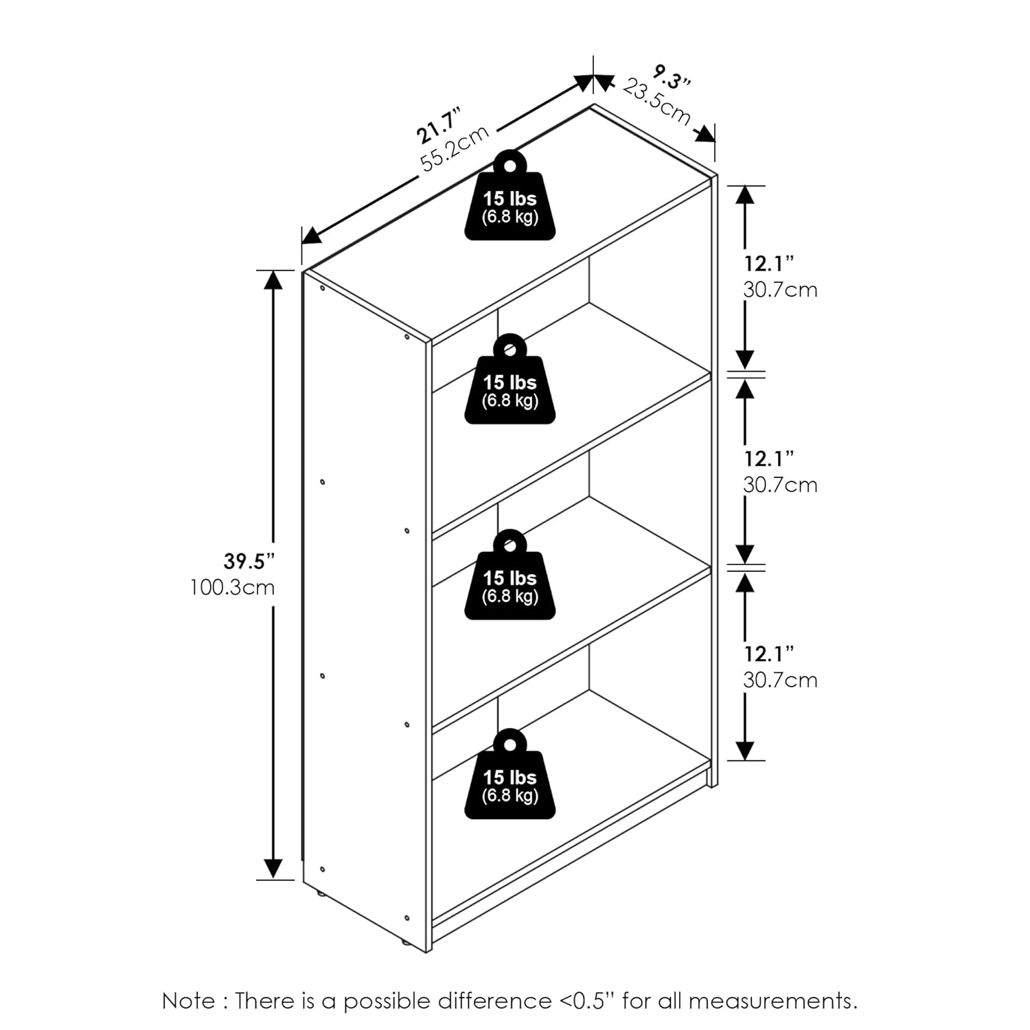 Furinno Basic 3-Tier Bookcase Storage Shelves, White/White
