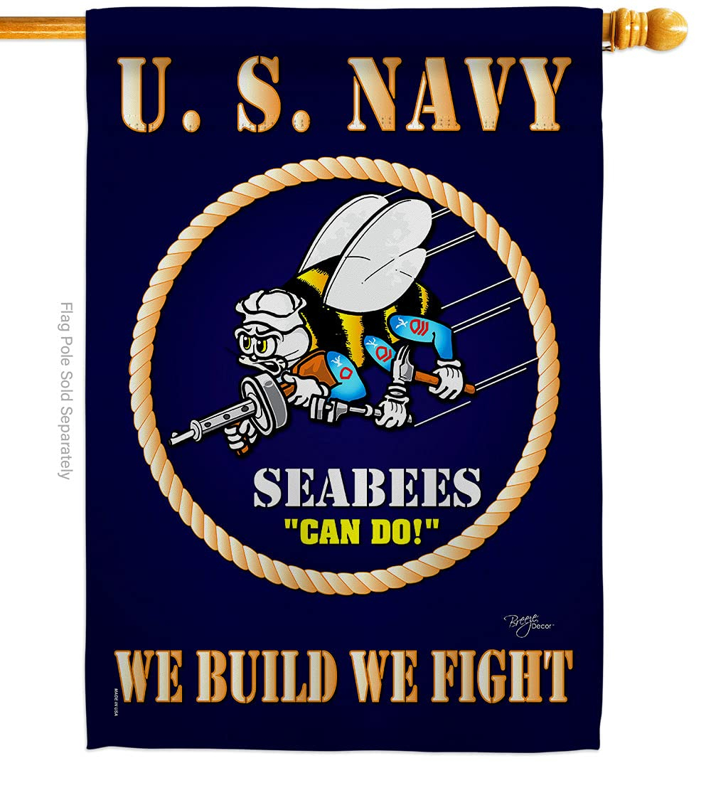 Breeze Decor Sea Bees House Flag - Armed Forces Navy USN Seabee United State American Military Veteran Retire Official - Decoration Banner Small Garden Yard Gift Double-Sided Made in USA 28 X 40