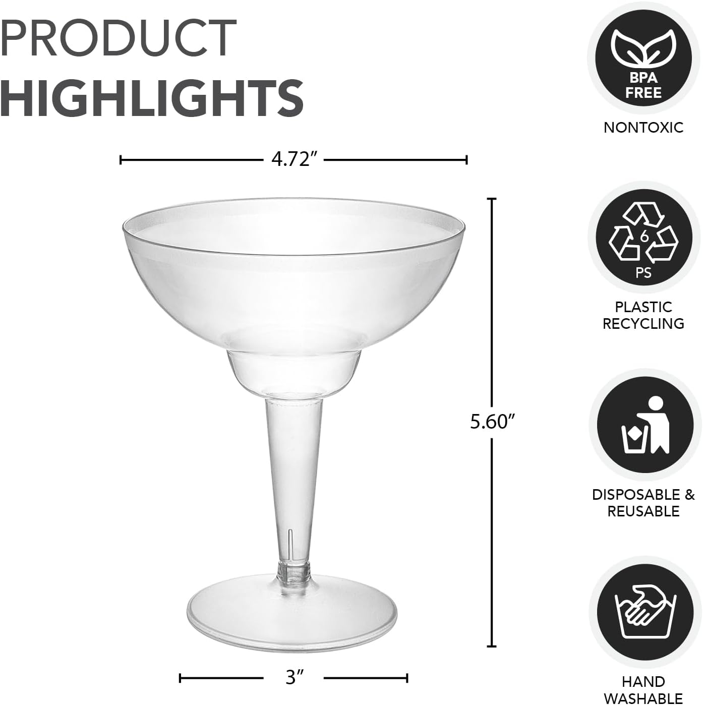 Party Essentials 10 Count Hard Plastic Two-Piece Margarita Glasses, 12-Ounce, Clear