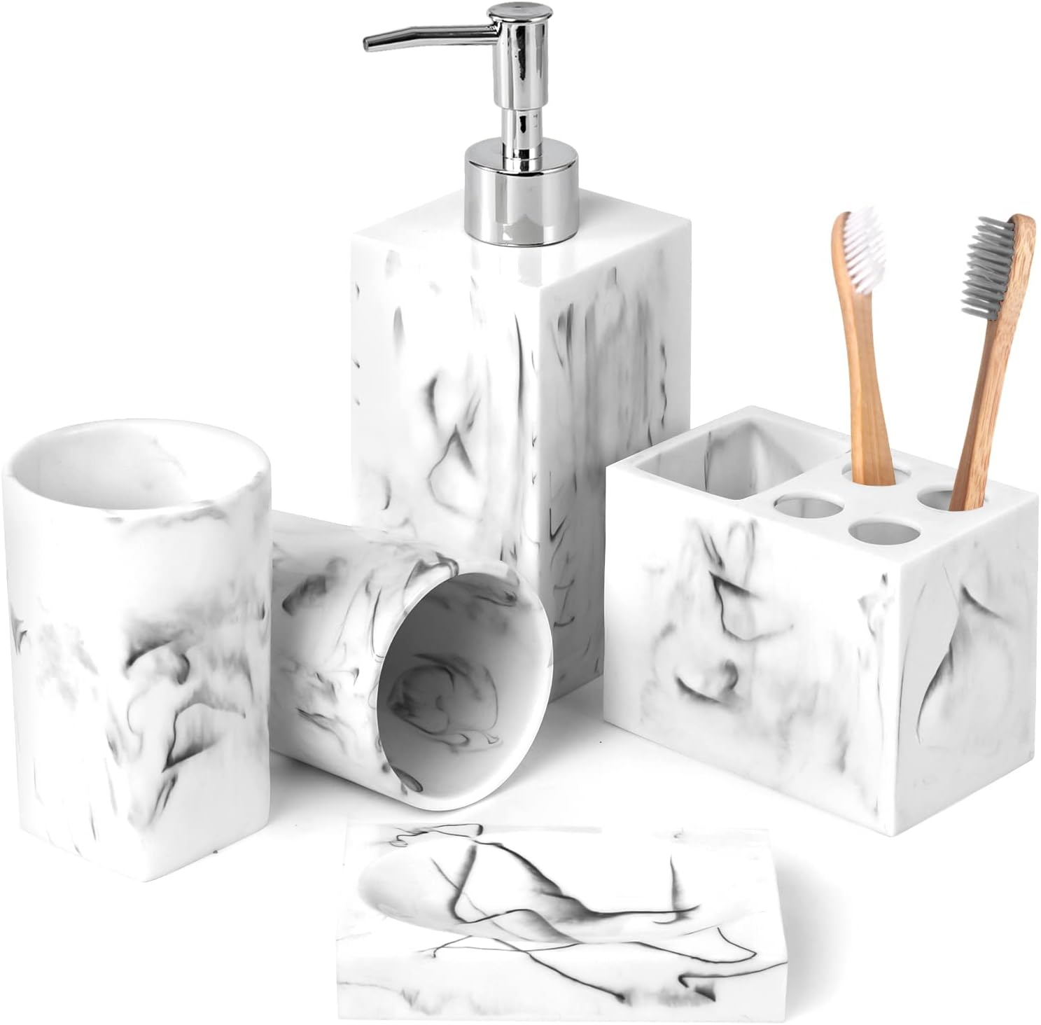 Haturi Bathroom Accessories Set, 4 Pcs Marble Look Sets Soap Dispenser & Toothbrush Holder Counter Top Restroom Apartment Decor Stuff, Glass Kits, Gift for Women and Men, Ink White