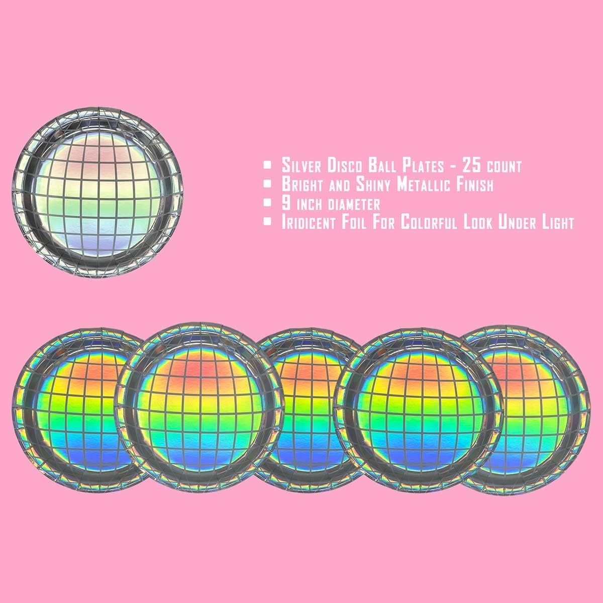 Bolaras Silver Disco Ball Paper Plates, 25-Pack, 9 inch, Sturdy