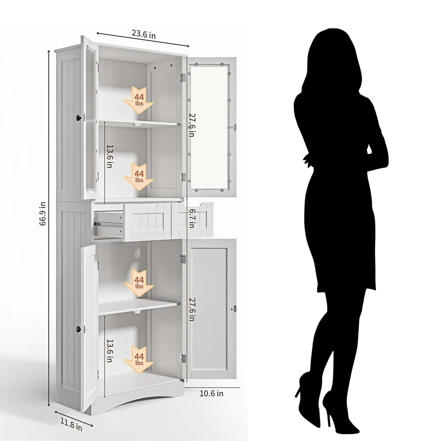 Gizoon 67" Tall Storage Cabinet, Freestanding Kitchen Pantry Cabinet with Glass Door & 2 Shelves & 2 Drawers, Stylish Linen Storage Cabinet for Home, Bathroom, Living Room, Office, White