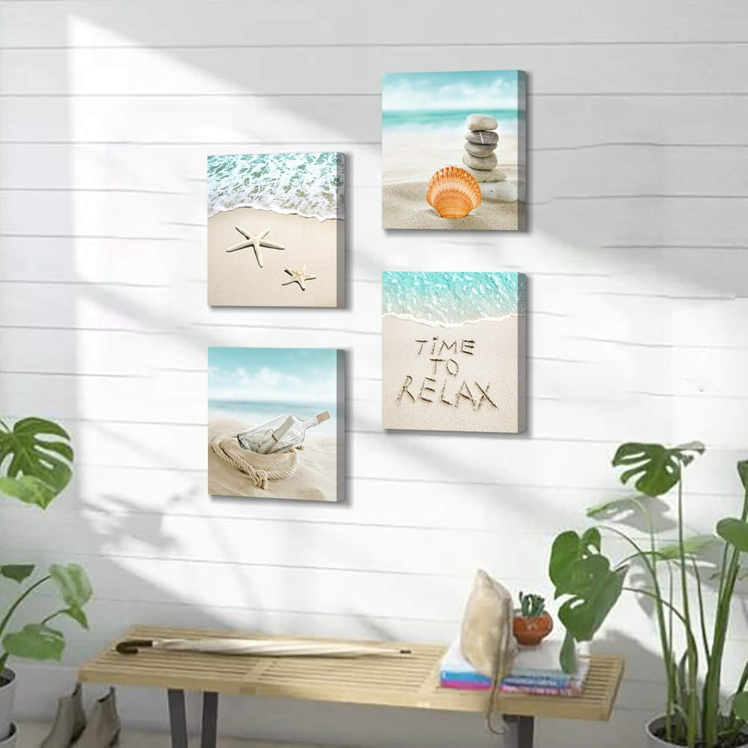 Coastal Beach Canvas Wall Art Set with Seashells and Starfish