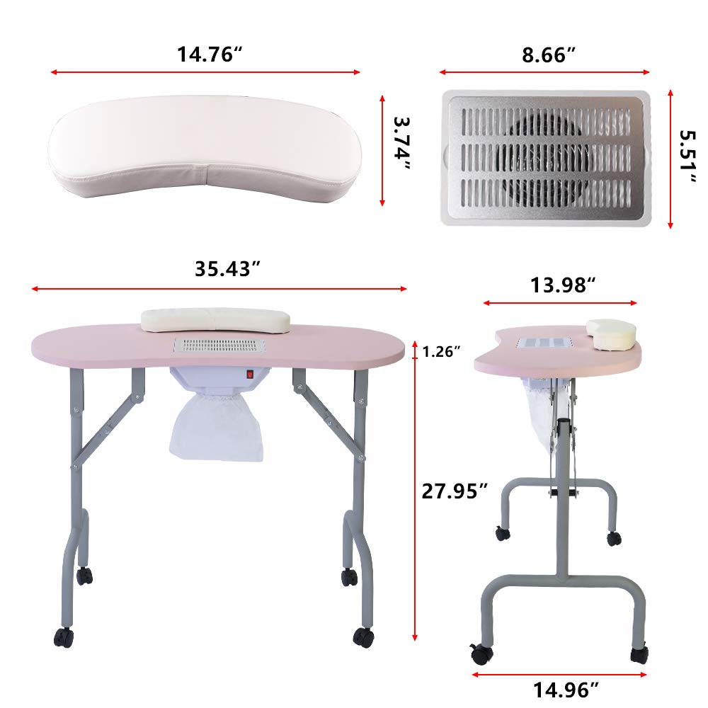 Portable Manicure Table Foldable Nail Desk with Dust Collector Professional Nail Tech Table for Technician Spa Salon Workstation, Client Wrist Pad Carry Bag 4 Lockable Wheels, 36-inch, Pink
