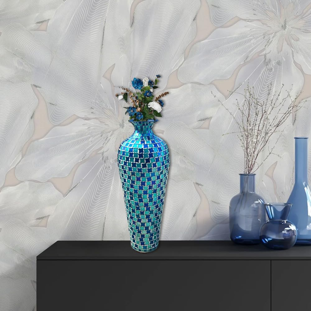 Mosaic Vase, 20 Inch Floor Vase, Decorative Tall Vase for Home Decor Geometric Pattern Metal Vase with Glass Mosaic- Blue and Turquoise Tessellation Pattern