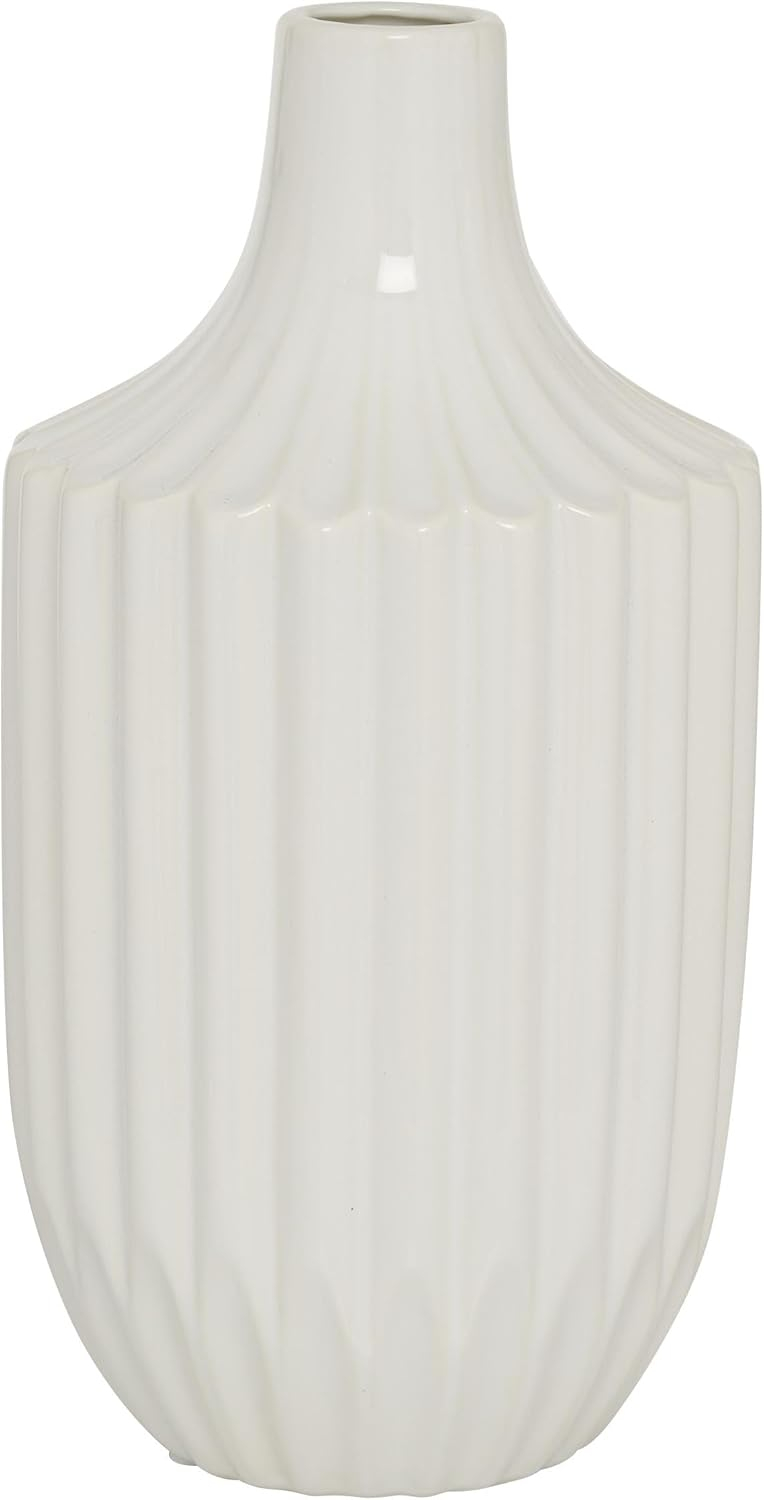 DecMode Modern Ceramic Tall White Decorative Vase with Vertical Groove Pattern 5"W x 19"H