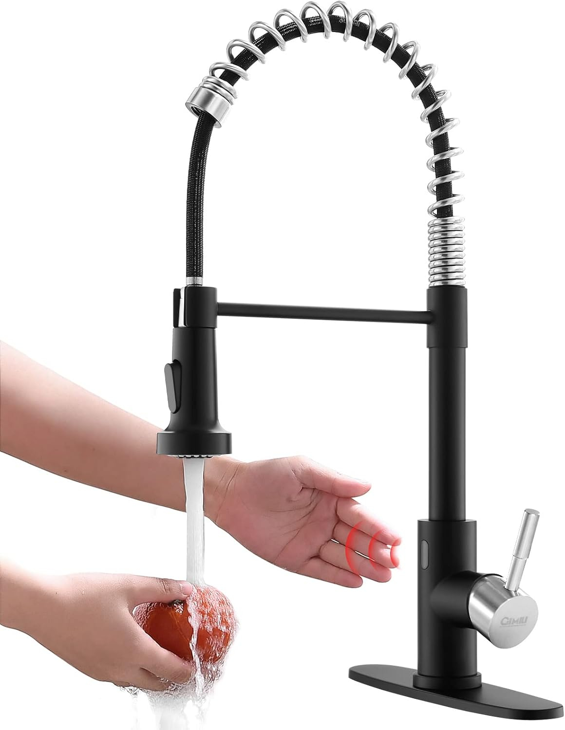 GIMILI Black and Gold Touchless Kitchen Faucet with Pull Down Sprayer Motion Sensor Smart Hands-Free Activated Single Hole Spring Faucet for Kitchen Sink