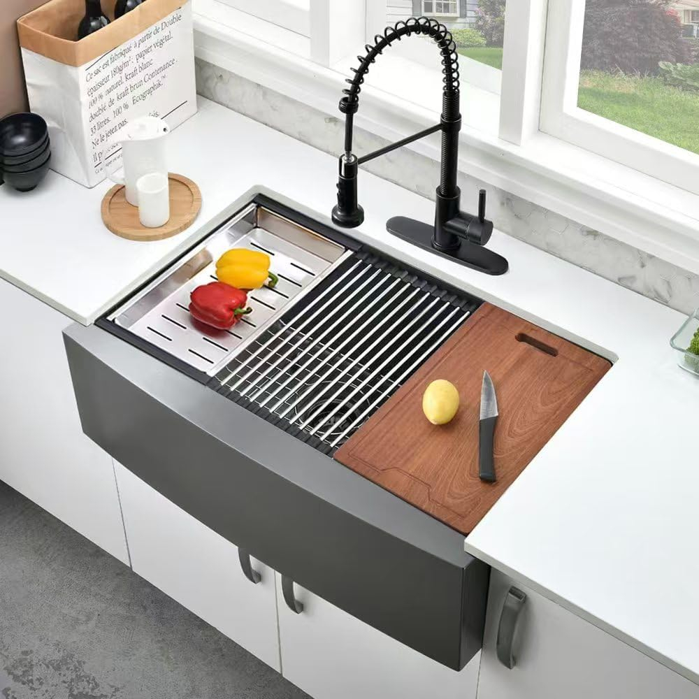 Black Farmhouse Sink 33 Inch - VALISY 33x22 Apron Front Farmhouse Kitchen Sink 16 Gauge Stainless Steel Undermount Ledge Workstation Deep Single Bowl Luxury Rustic Farm Sink with All Accessories