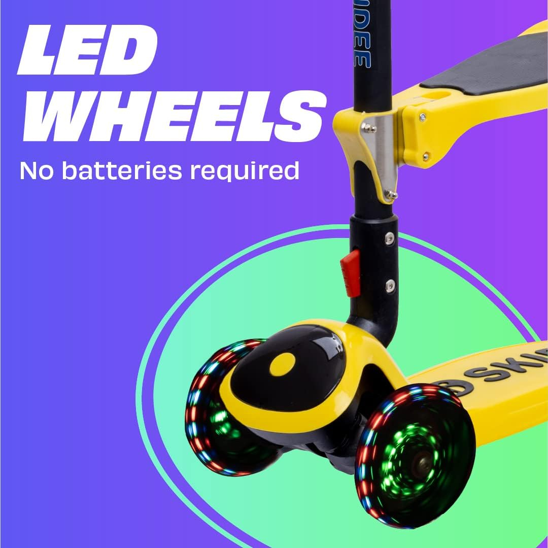 Skidee Kick Scooters for Kids, Adjustable Height, Foldable, LED Lights, Rear Brake, Ages 2-12, Yellow
