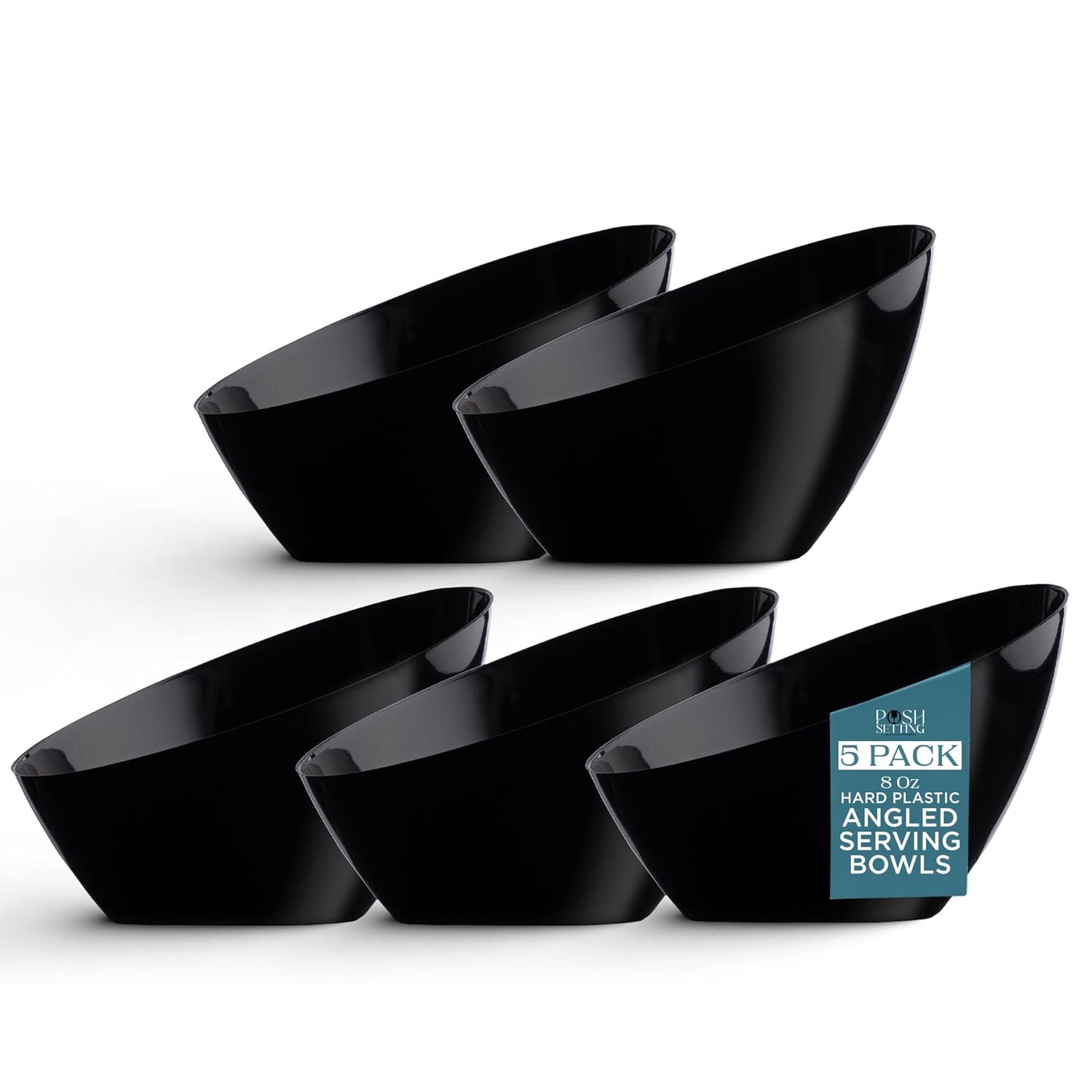Posh Setting - Black Plastic Serving Bowls for Party, Angled Bowls, Disposable Chip Bowls, Candy Bowls for Party Table, Salad and Fruit Bowls for Party, Wedding Serving Bowls-Black, 8 OZ, 5 Pack