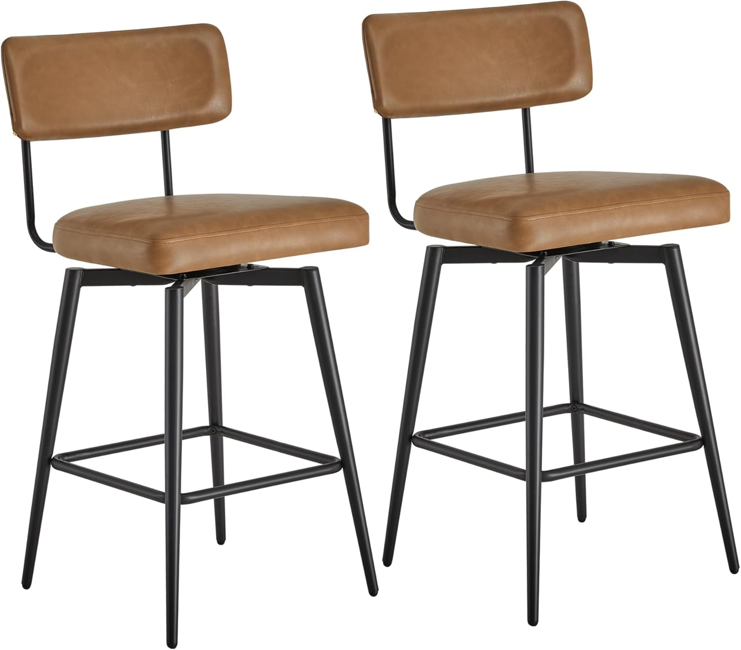 Watson & Whitely Swivel Counter Height Bar Stool Chairs Set of 2, 27.4" Faux Leather Upholstered Counter Stools with Back and Metal Frame, Saddle Brown