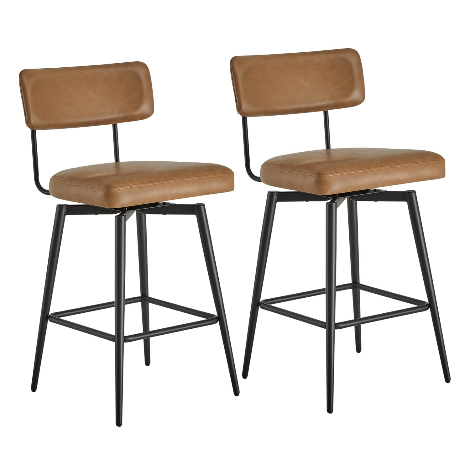 Watson & Whitely Swivel Counter Height Bar Stool Chairs Set of 2, 27.4" Faux Leather Upholstered Counter Stools with Back and Metal Frame, Saddle Brown