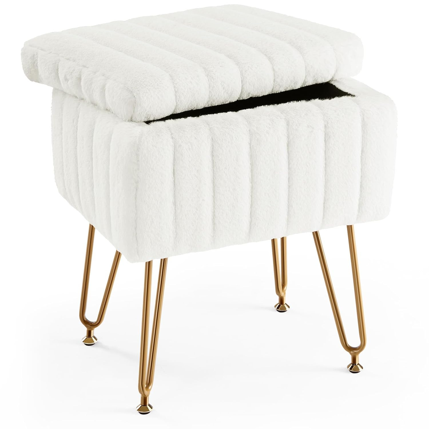 Sweetcrispy Vanity Stool Chair with Storage, Ottoman Faux Fur Soft Padded Makeup Footstools Seat with 4 Metal Legs Anti-Slip Adjustable Feet Modern Cute Small Footrest for Home Entryway Bedroom White