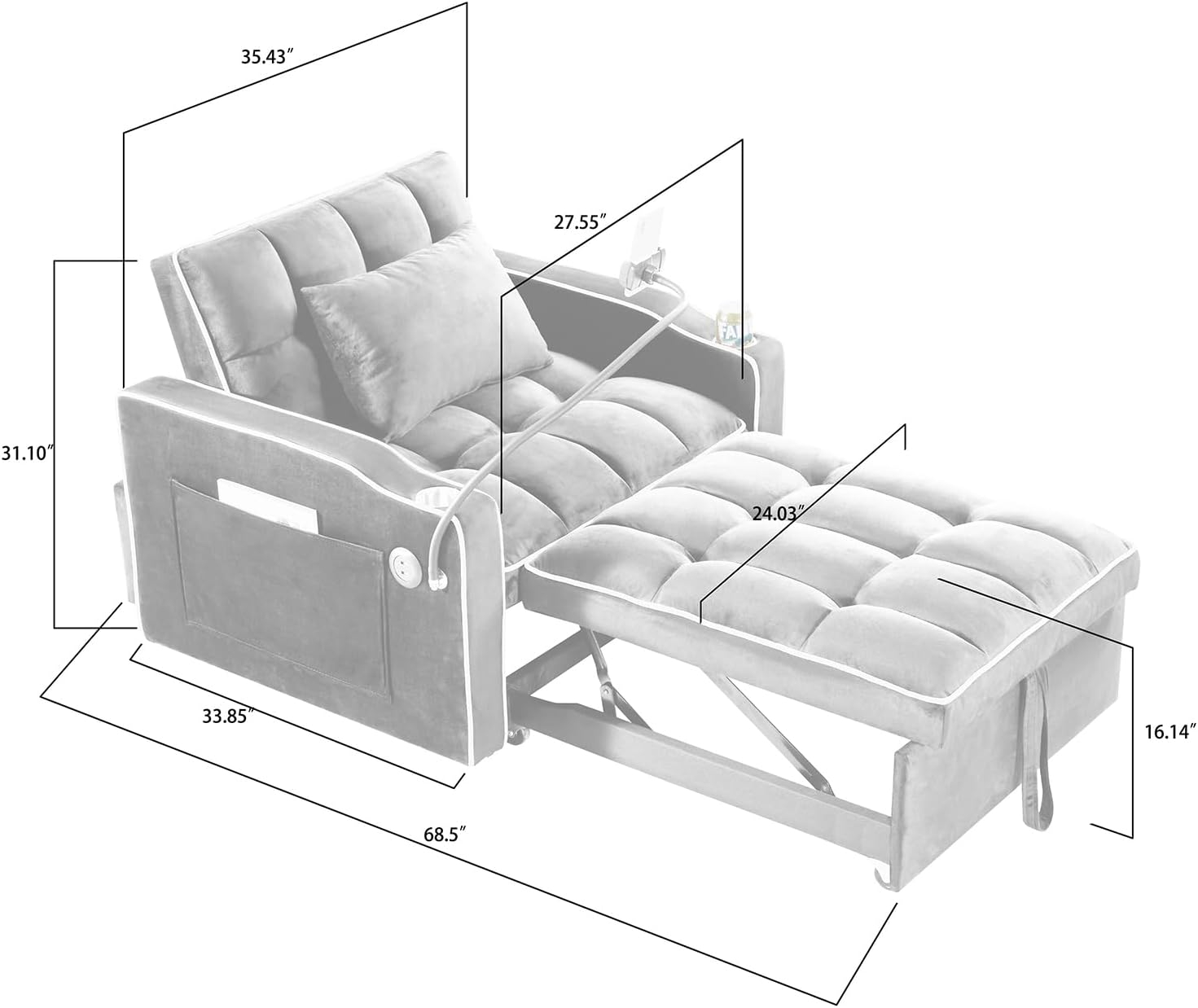 3 in 1 Convertible Sleeper Chair Bed with USB Ports, Cup Holder and Phone Stand, Velvet Pull Out Futon Sofa Beds, Adjustable Backrest Single Sofa Chair for Small Spaces, Living Room, Office (Gray)