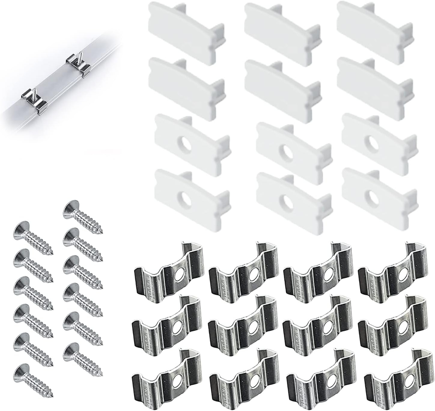 Muzata LED Channel Install Accessories Including 12Pack Stainless Steel Mounting Clips and 6Pack Grey End Caps fit Muzata U1SW U Shape Aluminum LED Strip Light Channel LCU1 WW