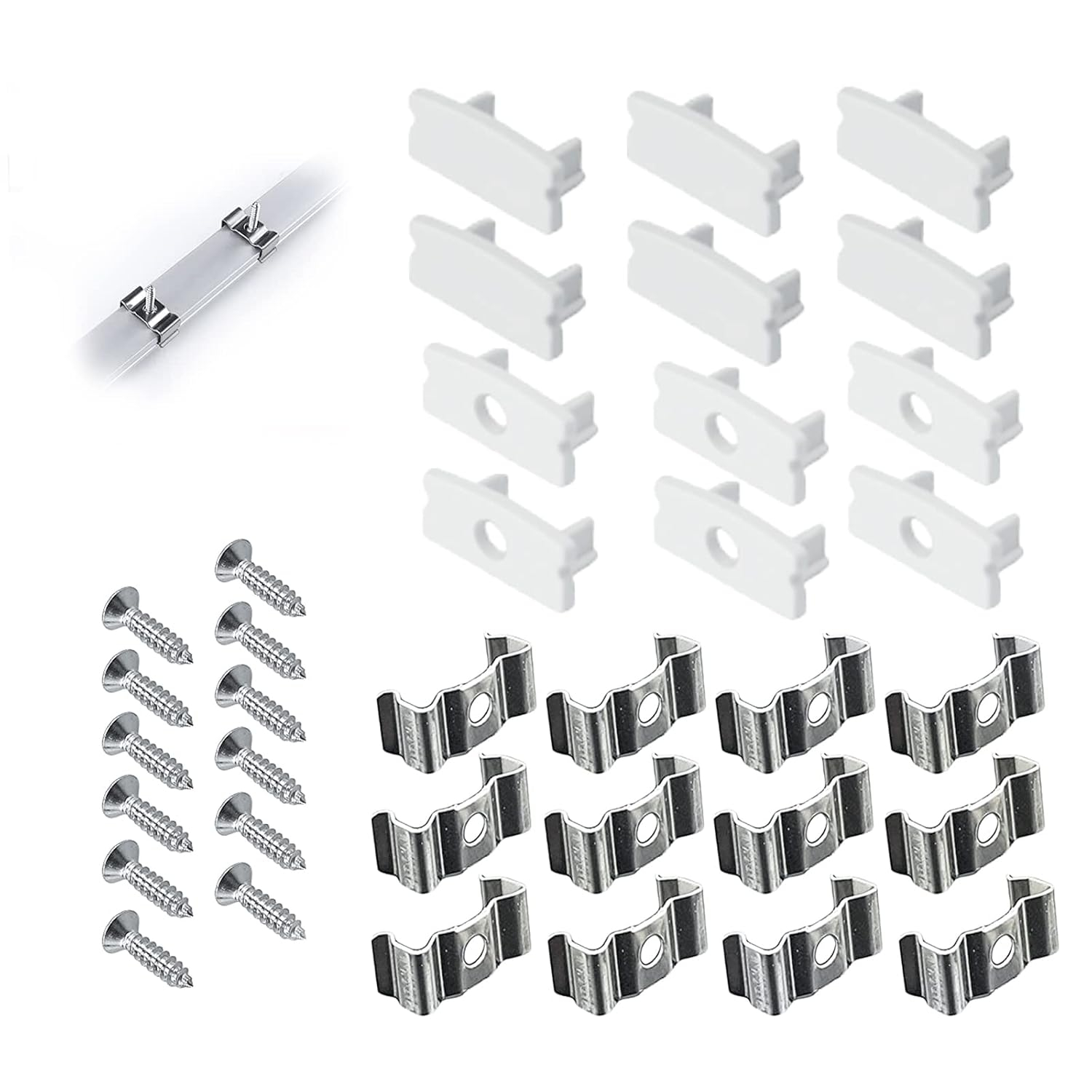 Muzata LED Channel Install Accessories Including 12Pack Stainless Steel Mounting Clips and 6Pack Grey End Caps fit Muzata U1SW U Shape Aluminum LED Strip Light Channel LCU1 WW