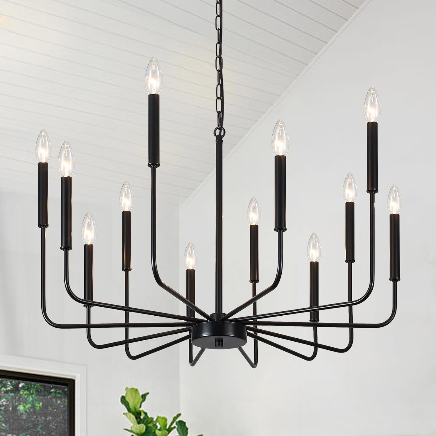 Vikaey Metal Black Chandelier, 12-Light Farmhouse Classic Candle Ceiling Hanging Light Fixture, Rustic Pendant Lighting for Kitchen Island, Dining Room, Living Room, Stair, UL Listed