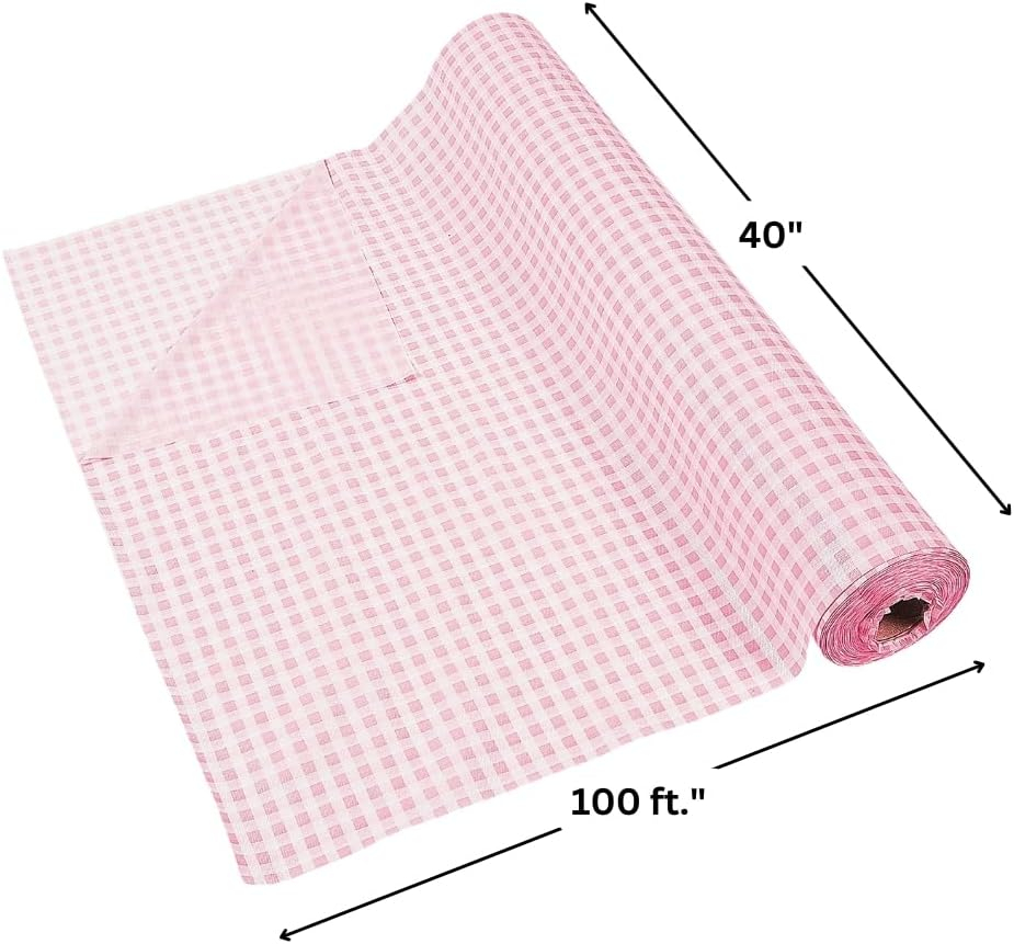 Fun Express Gingham Tablecloth Roll Disposable 40" x 100' Rustic Pink Checkered Plastic Tablecloths