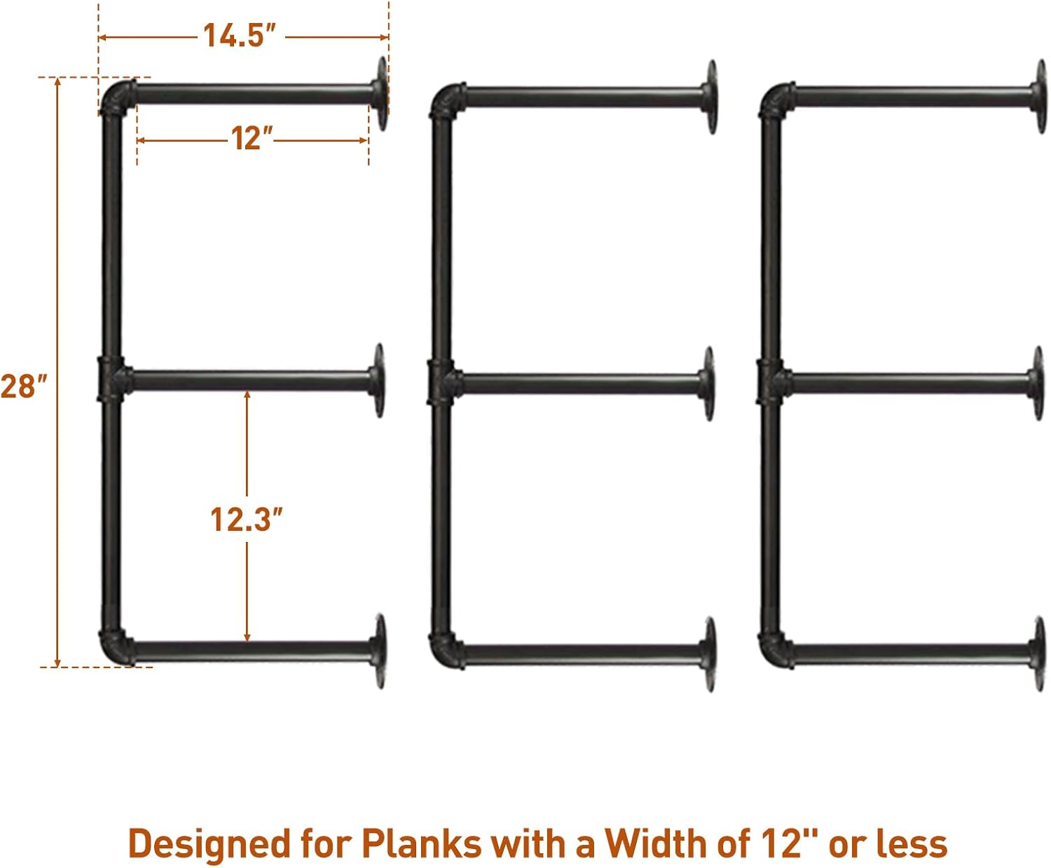 HITOMEN Industrial Iron Pipe Shelves, 3 Set 3-Tier, 28" Tall, 12" Depth, DIY Open Bookshelf Bookcase, Wall Mounted Vintage Retro Shelving, Rustic Farmhouse Pantry Kitchen Storage, Black Shelf Brackets