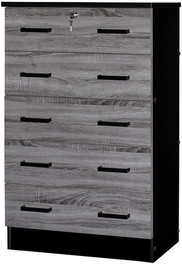 Cindy 5 Drawer Chest Wooden Dresser with Lock, Ebony Black