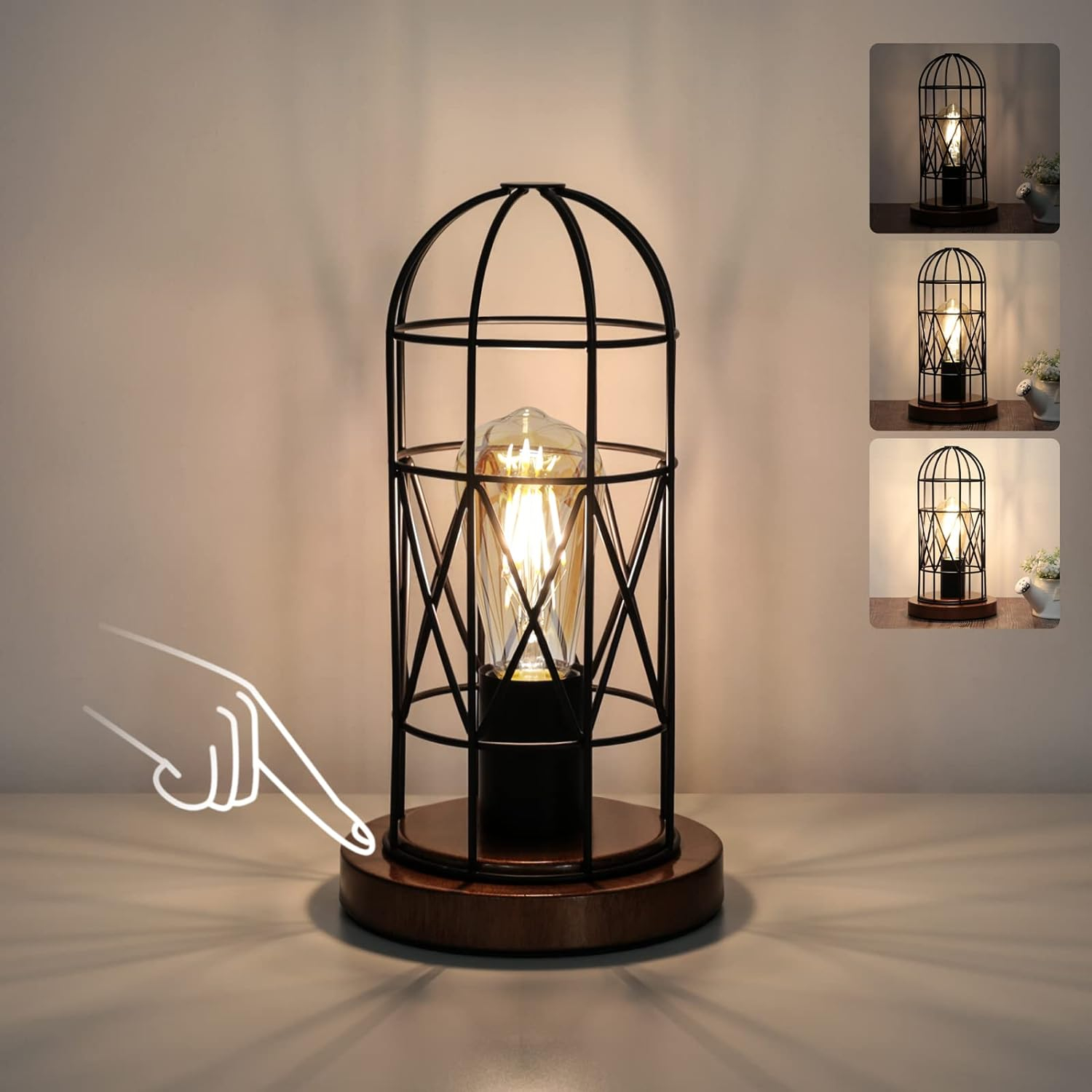 Industrial Black Metal Cage Touch Control Table Lamp