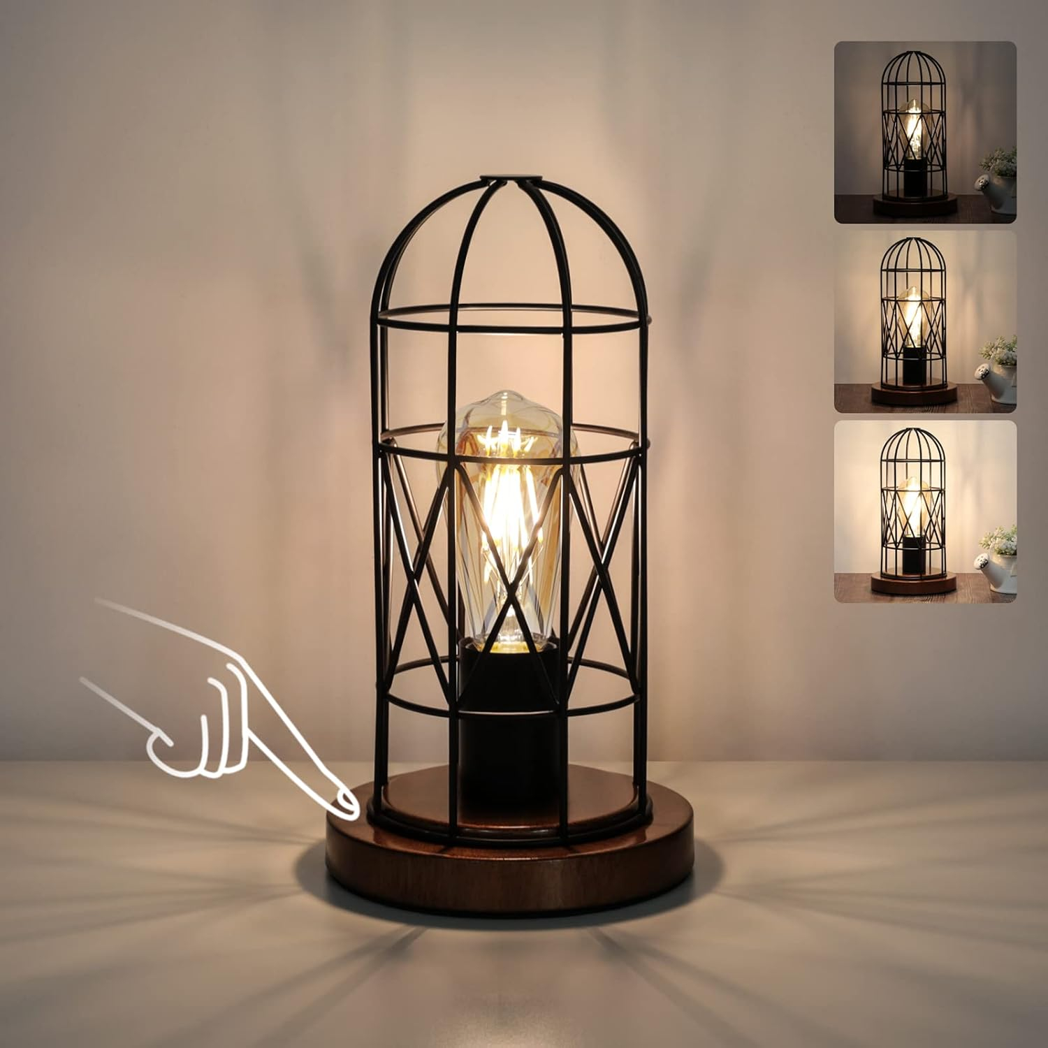 GyroVu Industrial Table Lamp, Small Touch Control Edison Desk Lamp 3 Way Dimmable Vintage Bedside Lamp with AC Outlet Metal Cage Steampunk Nightstand Lamp for Living Room, Bedroom or Den