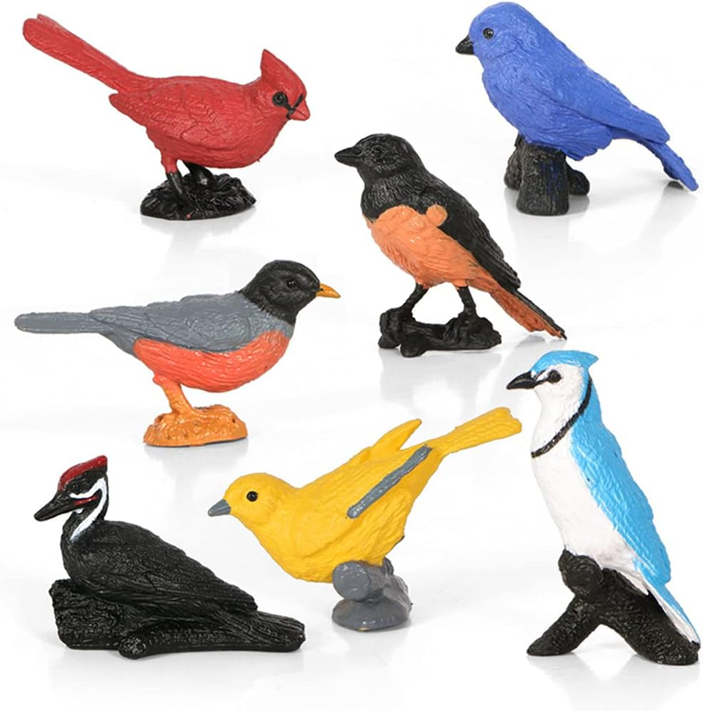 7pcs Mini Bird Figurines - Miniature Birds Animal Figure Oriole Robin Cardinal Cake Topper & Decoration for Kids Birthday & Baby Shower Party Supplies