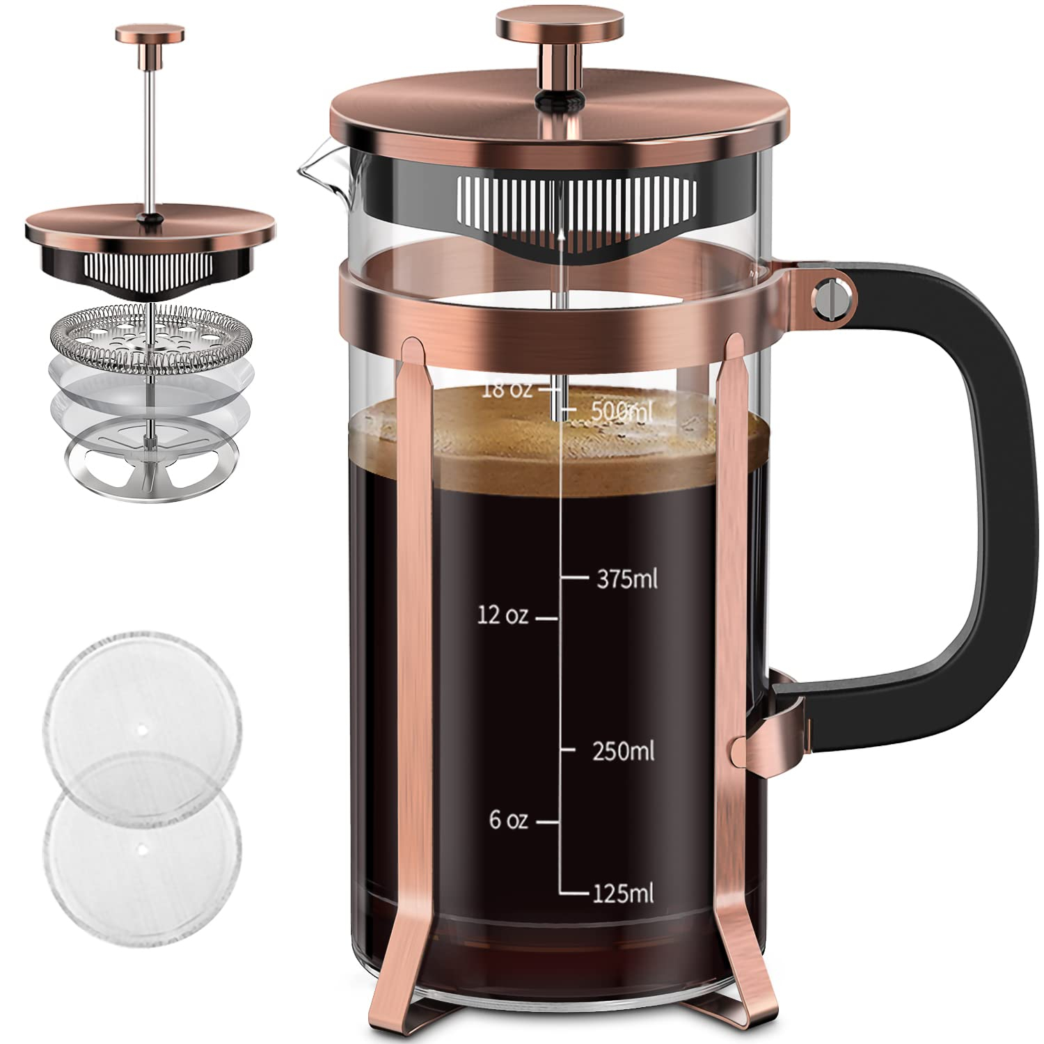 French Press Coffee Maker (21oz 600ML 3-4Cup) Coffee Press, with 4 Filters System, Heat Resistant Thickness Borosilicate Glass, Cold Brew Coffee Tea Pot Gifts (Copper)