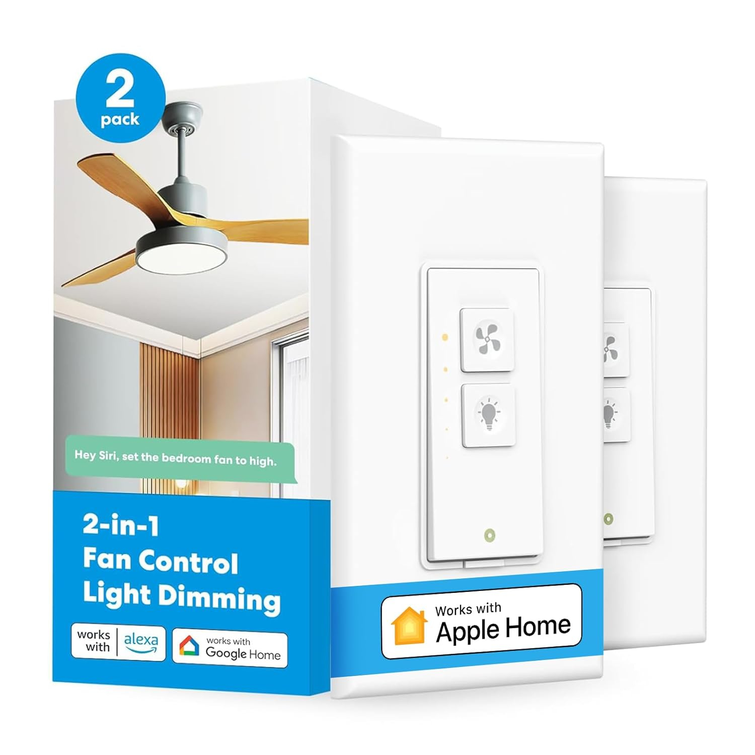 meross Smart Ceiling Fan Control and Dimmer Switch, Supports Apple HomeKit, Alexa, Google & SmartThings, 2.4G Wi-Fi Fan and Light Switch Combo, 4 Fan Speed, Neutral Wire Needed, Single Pole, 2 Pack