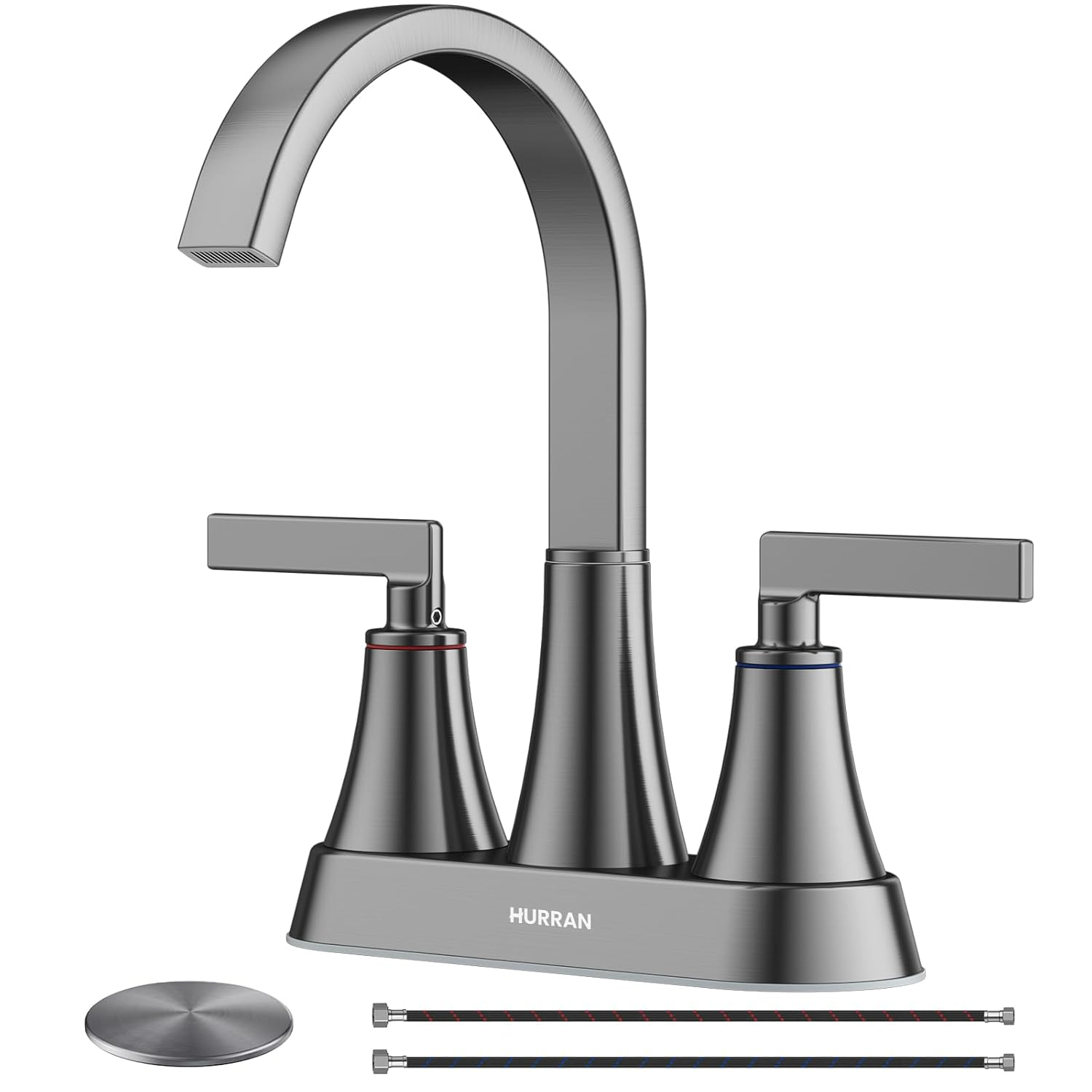 Bathroom Sink Faucet, Hurran 4 inch Brushed Gold Bathroom Faucets for Sink 3 Hole with Pop-up Drain and Supply Hoses, 360 Swivel Spout 2-Handle Centerset Faucet for Vanity RV Farmhouse