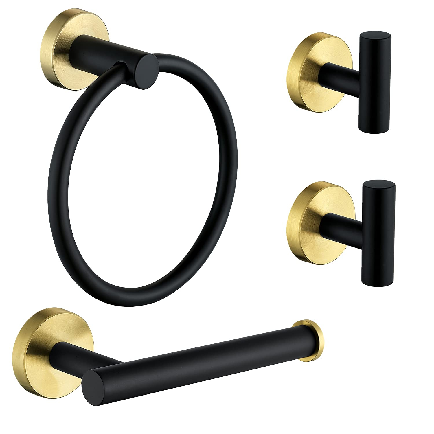 4 Piece Stainless Steel Matte Black and Brushed Gold Bathroom Hardware Set Include Hand Towel Ring Holder, Toilet Paper Holder,and 2 Robe Towel Hooks,Bathroom Accessories Kit