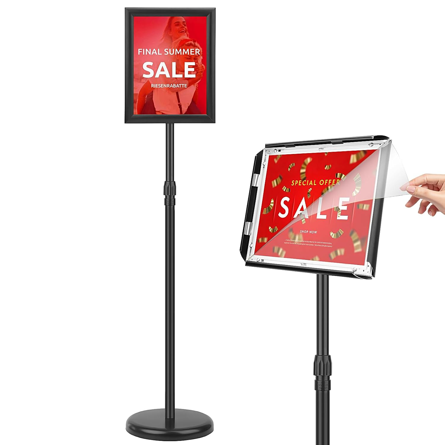 Adjustable Sign Holder Stand 8.5x11 inch,Pedestal Floor Signage Standing Holder with Heavy Duty Base, Aluminum Snap Open Frame Display for Business Restaurant, Mall,Schools-1 Pack