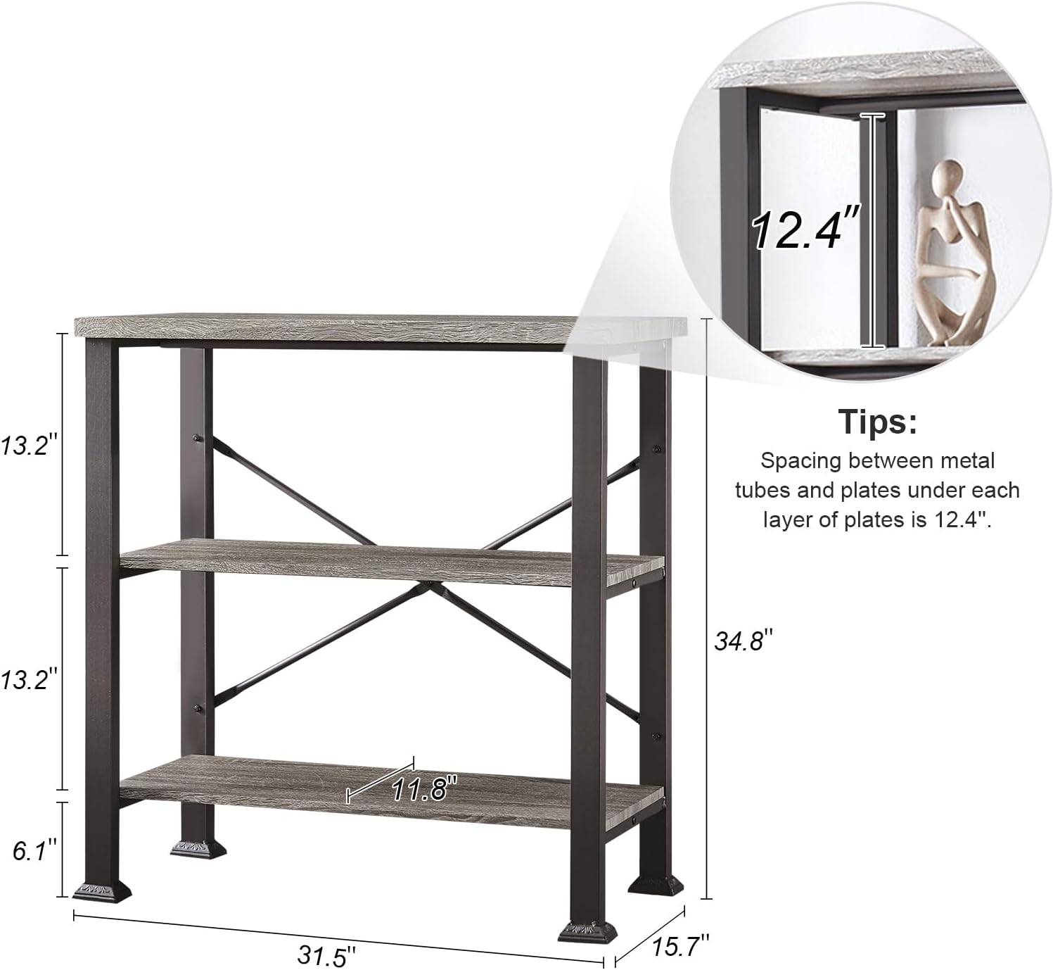 HOMBAZAAR 3 Tier Bookshelf,Grey Industrial Book Shelf,Engineered Wood and Metal Deep Bookshelves,Low Shelf Bookcase for Living Room,Office,Bedroom and Kitchen