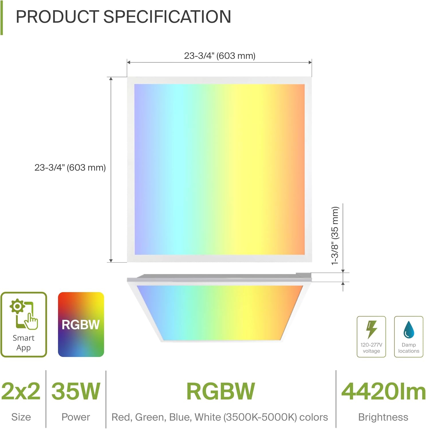 ASD 2 Pack 2x2 Smart RGBW LED Flat Panel Light - 35W UL | 4420LM 3500K 4000K 5000K Selectable Dimmable 2x2 LED Drop Ceiling Light Fixture | RGB Lights WiFi App Controlled Alexa & Google Assistant