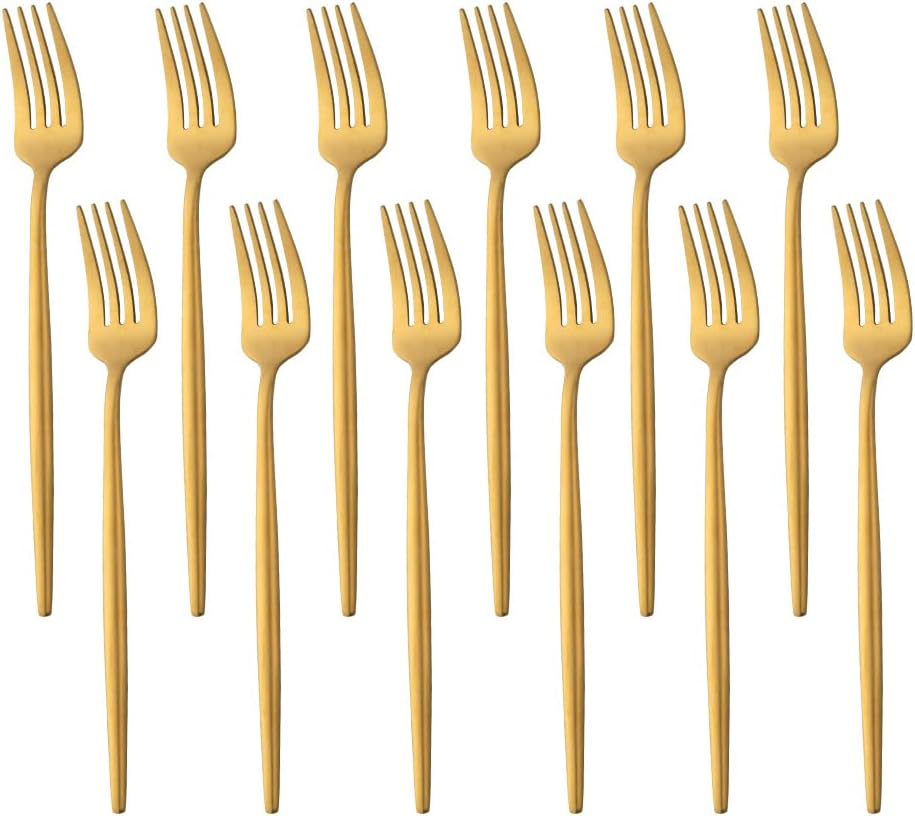 BUY&USE 12 PCS Modern Stainless Steel Dinnerware Flatware Set, Reusable Popular Dinner Fork, Widely Use on Home, Restaurant, Party, 8.6 Inch, Gold