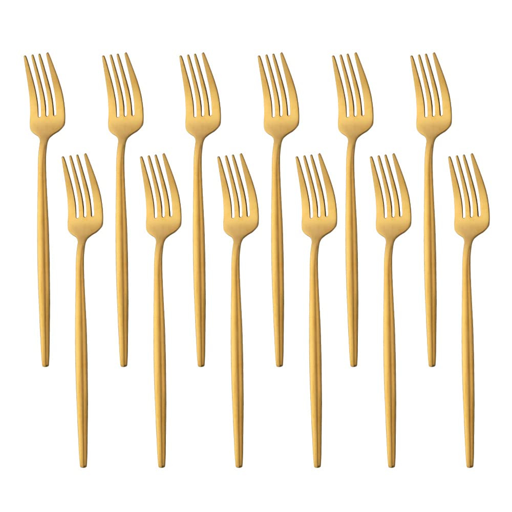 BUY&USE 12 PCS Modern Stainless Steel Dinnerware Flatware Set, Reusable Popular Dinner Fork, Widely Use on Home, Restaurant, Party, 8.6 Inch, Gold