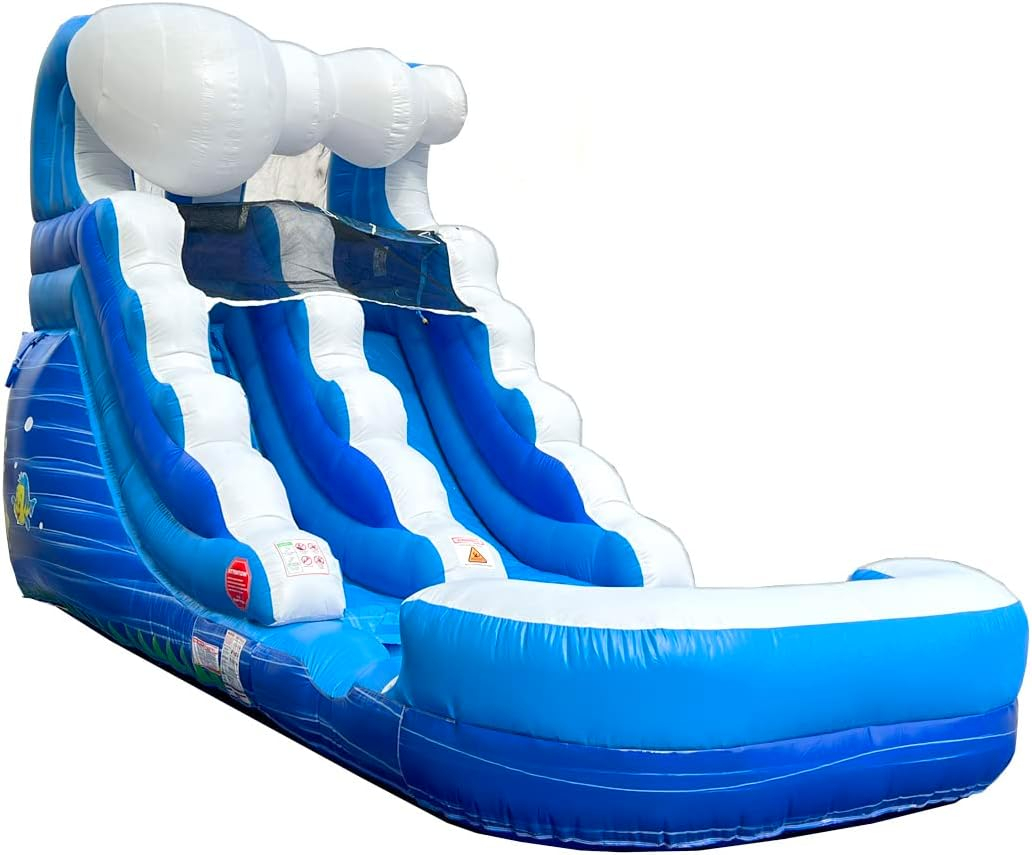 Pogo Bounce House Crossover Kids Inflatable Water Slide, Blue Wave with Blower, 12 ft