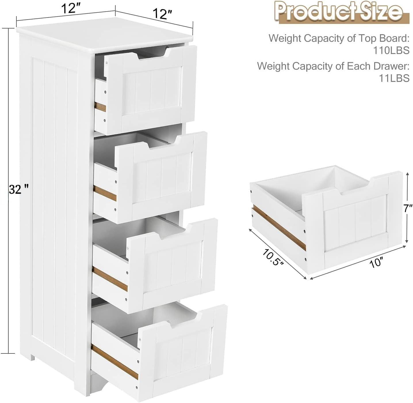 White MDF Freestanding Cabinet with 4 Drawers