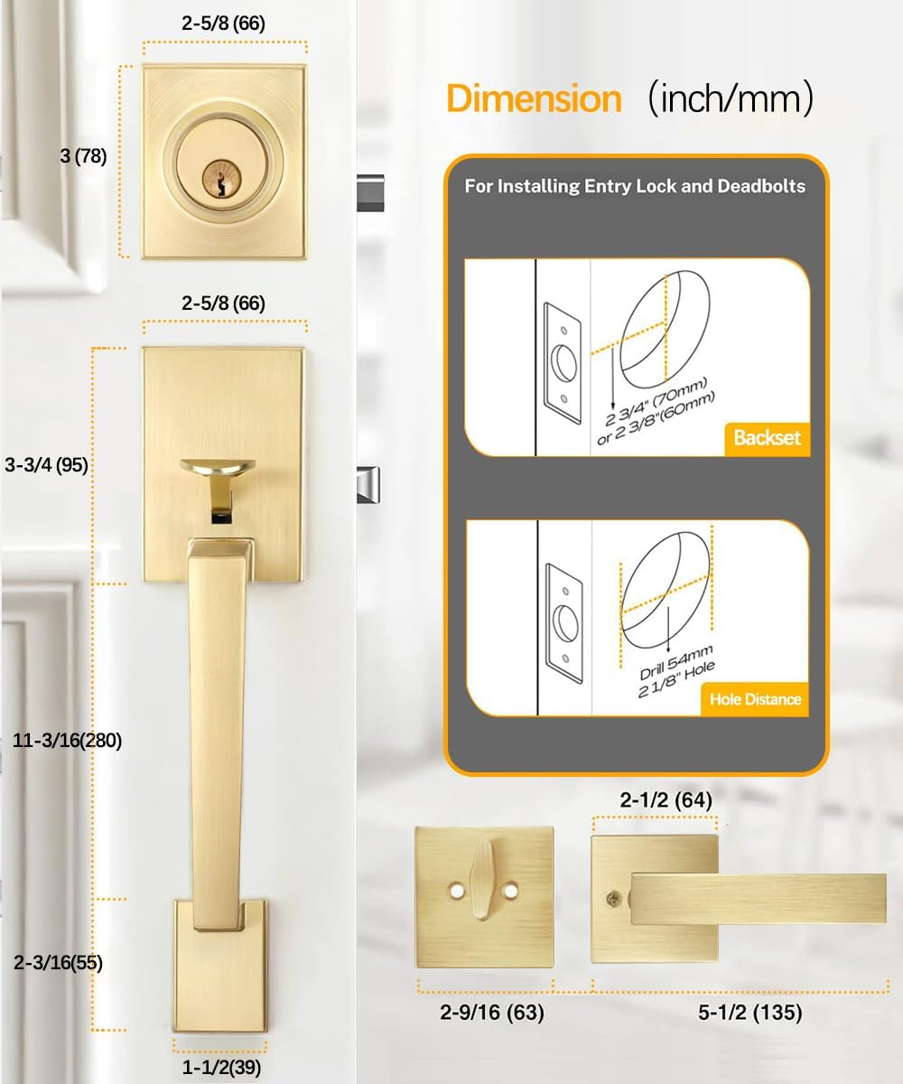 Front Door Lock Set - Exterior Door Handle Set with Deadbolt Door Lock Single Cylinder Interior Entry Handle with Lever Reversible Left & Right Gold