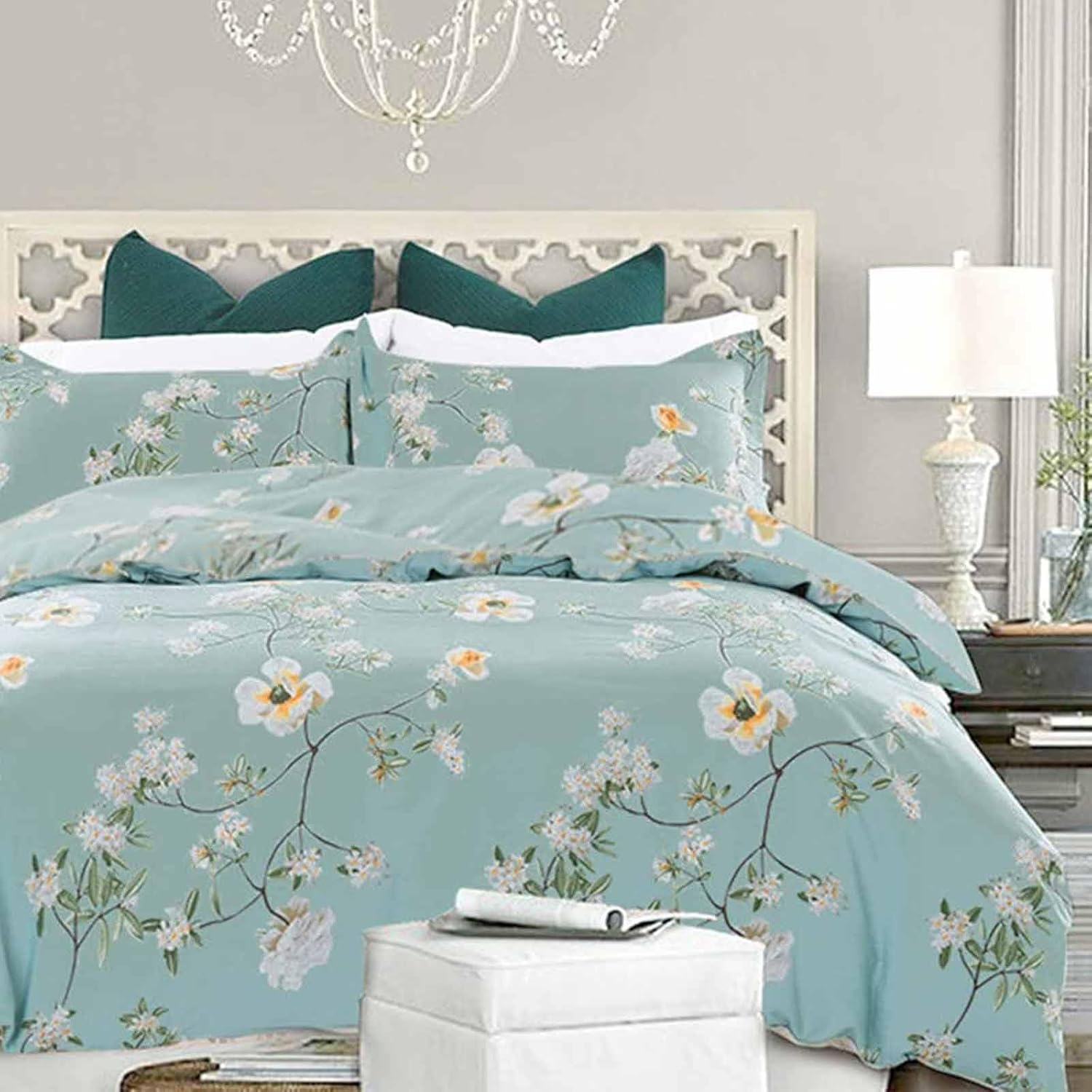 Nanko Bedding Duvet Cover Set Queen, 3 Pieces – 800-Thread Floral Microfiber Down Comforter Quilt Cover Zipper & Tie for Women & Men’s Bedroom, Luxury Guestroom Decor -Teal