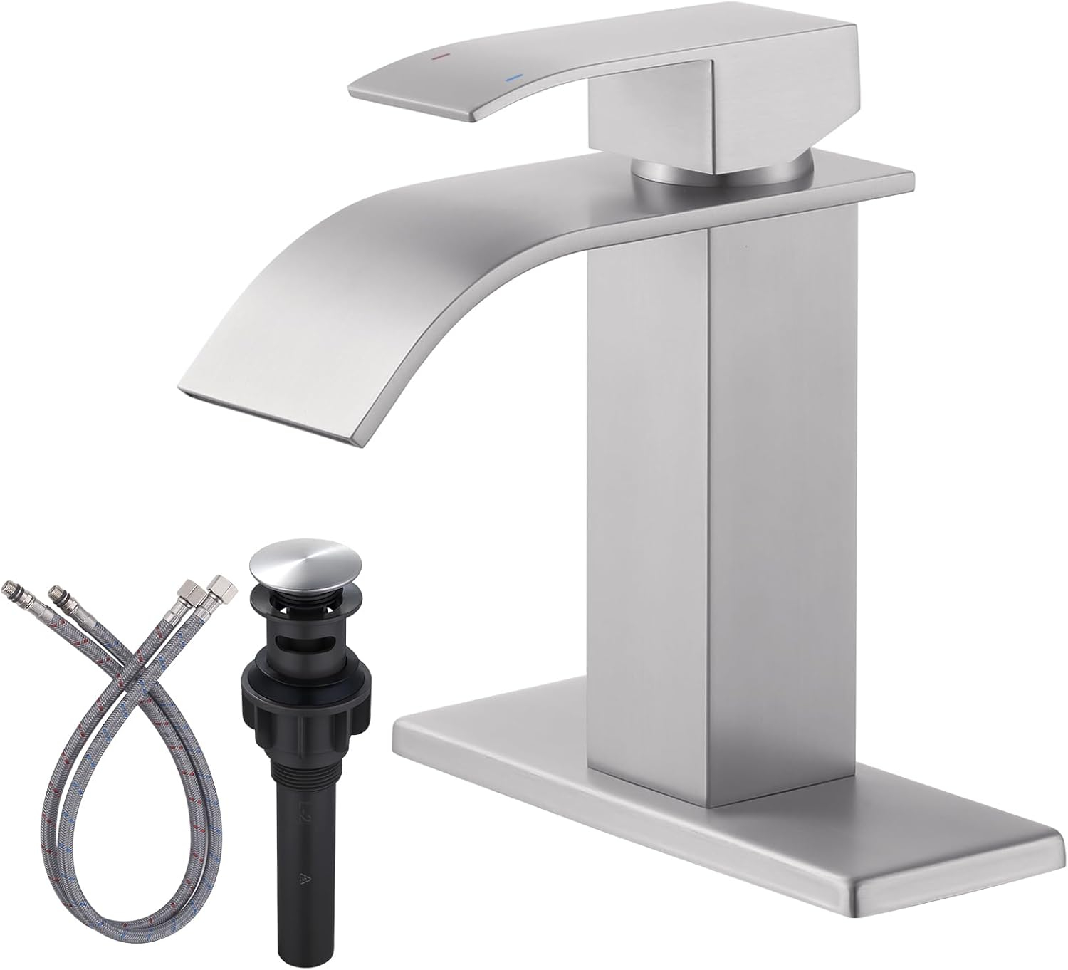 Waterfall Single Handle Bathroom Vanity Sink Faucet with Metal Pop-up Drain, Brushed Nickel Finish