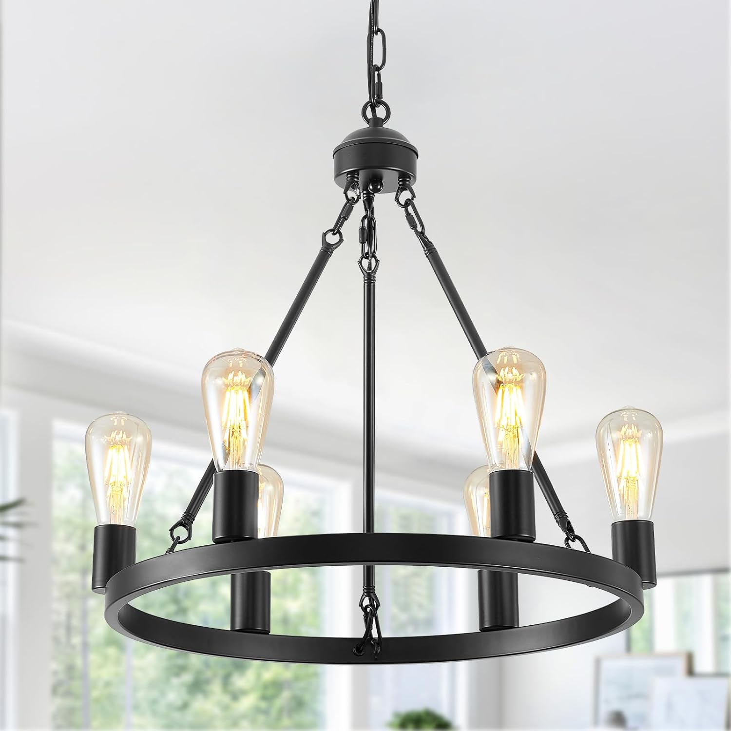 Farmhouse 6 Lights Black Wagon Wheel Chandelier,Modern Vintage Round Pendant Light Fixture for Dining Room,Living Room, Entryway Foyer Kitchen Island, E26